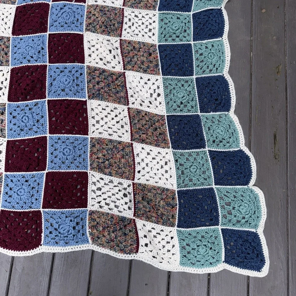 Vintage Handmade Crochet Granny Square Afghan Blanket 60x60 Scalloped Edge